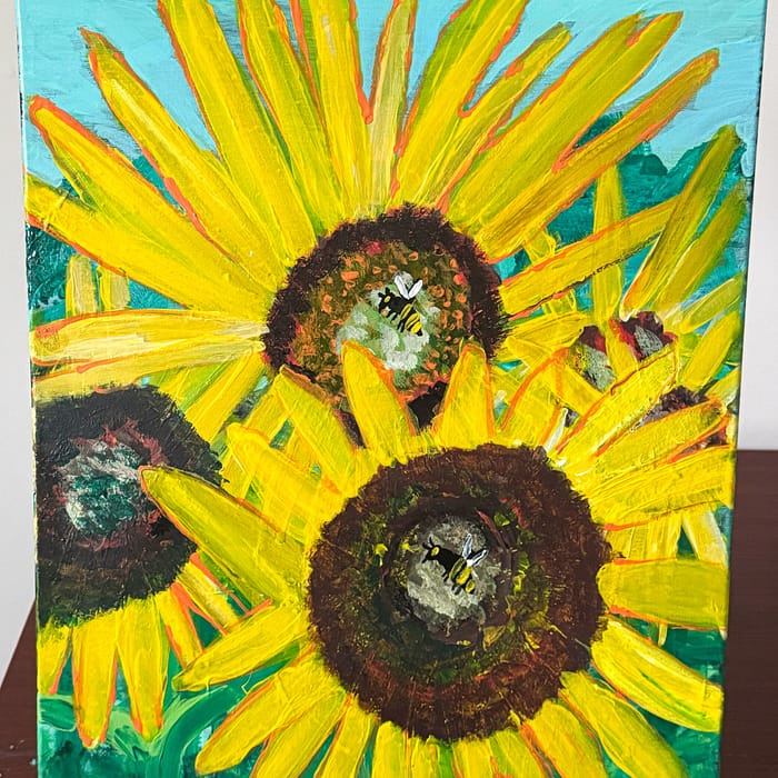 Original acrylic sunflower painting with bees, 20x16 canvas